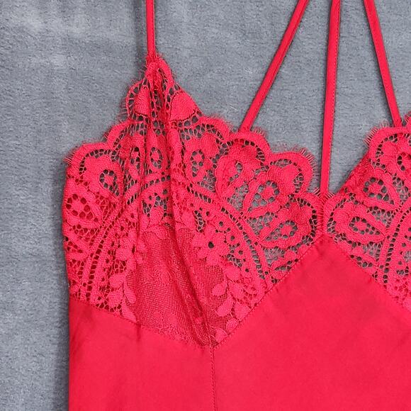 Jezebel Rita Chemise Red Satin with Sheer Lace Detail Nightgown Pajamas Medium - Picture 3 of 9